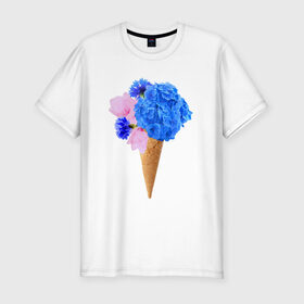Мужская футболка премиум с принтом Мороженое букет в Санкт-Петербурге, 92% хлопок, 8% лайкра | приталенный силуэт, круглый вырез ворота, длина до линии бедра, короткий рукав | Тематика изображения на принте: flowers | василек | вафля | гортензия | магнолия | рожок | розовый | синий | цветы