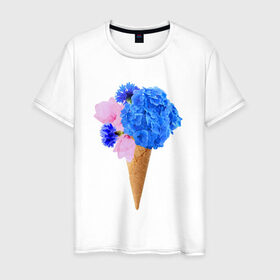 Мужская футболка хлопок с принтом Мороженое букет в Санкт-Петербурге, 100% хлопок | прямой крой, круглый вырез горловины, длина до линии бедер, слегка спущенное плечо. | flowers | василек | вафля | гортензия | магнолия | рожок | розовый | синий | цветы