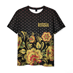 Мужская футболка 3D с принтом Россия в Санкт-Петербурге, 100% полиэфир | прямой крой, круглый вырез горловины, длина до линии бедер | роспись | россия | хохлома | цветы | я русский