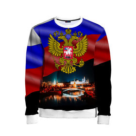 Детский свитшот 3D с принтом Россия Москва в Санкт-Петербурге, 100% полиэстер | свободная посадка, прямой крой, мягкая тканевая резинка на рукавах и понизу свитшота | герб | кремль | москва | ночь | россия | флаг