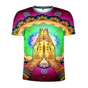 Мужская футболка 3D спортивная с принтом Meditation в Санкт-Петербурге, 100% полиэстер с улучшенными характеристиками | приталенный силуэт, круглая горловина, широкие плечи, сужается к линии бедра | 3d | indian | mandala | арт | йога | медитация | руки | узор | цветы