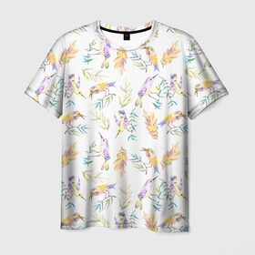 Мужская футболка 3D с принтом Пташки в Санкт-Петербурге, 100% полиэфир | прямой крой, круглый вырез горловины, длина до линии бедер | bird | birds | feather | spring | весна | ветка | перья | птицы | птички