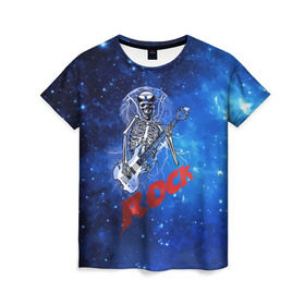 Женская футболка 3D с принтом Мертвый гитарист в Санкт-Петербурге, 100% полиэфир ( синтетическое хлопкоподобное полотно) | прямой крой, круглый вырез горловины, длина до линии бедер | Тематика изображения на принте: rock | гитара | скелет | я люблю рок
