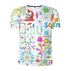Мужская футболка 3D спортивная с принтом Стикеры Наука в Санкт-Петербурге, 100% полиэстер с улучшенными характеристиками | приталенный силуэт, круглая горловина, широкие плечи, сужается к линии бедра | паттерн | студенту | школьный