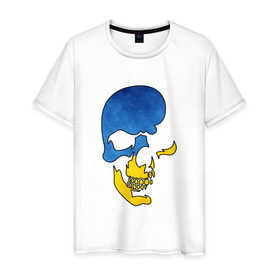 Мужская футболка хлопок с принтом Сине-желтый череп в Санкт-Петербурге, 100% хлопок | прямой крой, круглый вырез горловины, длина до линии бедер, слегка спущенное плечо. | желтый | злой | зубы | кости | символ | синий | скелет | улыбка | череп