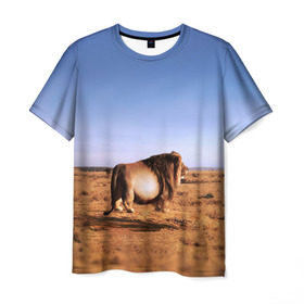 Мужская футболка 3D с принтом Толстый лев в Санкт-Петербурге, 100% полиэфир | прямой крой, круглый вырез горловины, длина до линии бедер | Тематика изображения на принте: африка | грива | животное | жирный | зверь | король | лев | львица | обжора | ожиревший | оскал | песок | прайд | прикол | природа | рёв | рык | рычание | сафари | сильный | хищник | царь | царь зверей