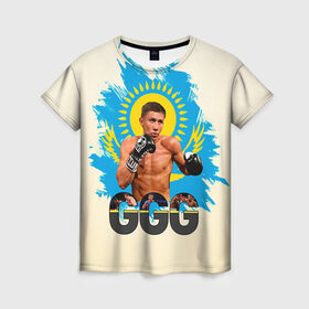 Женская футболка 3D с принтом Геннадий Головкин в Санкт-Петербурге, 100% полиэфир ( синтетическое хлопкоподобное полотно) | прямой крой, круглый вырез горловины, длина до линии бедер | fighting | ggg | боец | боксер | борьба | драки