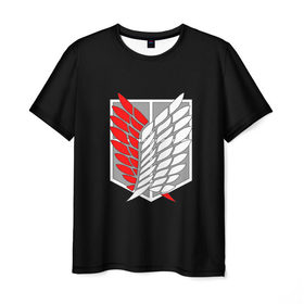 Мужская футболка 3D с принтом Атака Титанов (эмблема) #9 в Санкт-Петербурге, 100% полиэфир | прямой крой, круглый вырез горловины, длина до линии бедер | attack on titan | shingeki no kyojin | белый | красный | чёрный | эмблема разведчиков