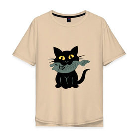 Мужская футболка хлопок Oversize с принтом Котик с рыбкой в Санкт-Петербурге, 100% хлопок | свободный крой, круглый ворот, “спинка” длиннее передней части | black cat | cat | cats | cool | fish | nice | sweet | кот | кот и рыба | котик | котик с рыбкой | кошка | мило | милый | рыба | рыбка | черный