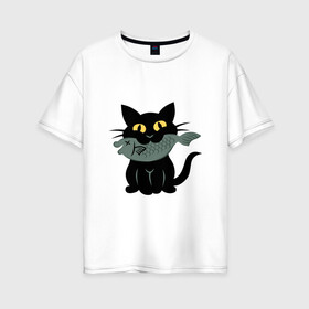 Женская футболка хлопок Oversize с принтом Котик с рыбкой в Санкт-Петербурге, 100% хлопок | свободный крой, круглый ворот, спущенный рукав, длина до линии бедер
 | black cat | cat | cats | cool | fish | nice | sweet | кот | кот и рыба | котик | котик с рыбкой | кошка | мило | милый | рыба | рыбка | черный