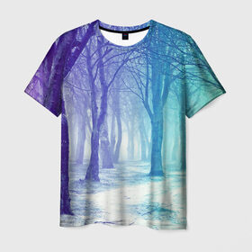 Мужская футболка 3D с принтом Мрачный лес в Санкт-Петербурге, 100% полиэфир | прямой крой, круглый вырез горловины, длина до линии бедер | вечер | деревья | загадочный | зеленый | земля | зима | лес | необычный | природа | свет | свечение | сибирь | снег | тайга | фиолетовый | яркий