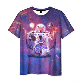 Мужская футболка 3D с принтом Звериный прайд в Санкт-Петербурге, 100% полиэфир | прямой крой, круглый вырез горловины, длина до линии бедер | волк | вселенная | галактика | звезды | медведь | орел | пума | туманность
