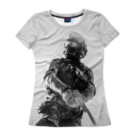 Женская футболка 3D с принтом Battlefield 4 в Санкт-Петербурге, 100% полиэфир ( синтетическое хлопкоподобное полотно) | прямой крой, круглый вырез горловины, длина до линии бедер | battlefield | game | soldiers | weapons | воин | игра | игрок | оружие | солдат