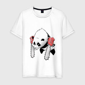 Мужская футболка хлопок с принтом Панда - руки бензопилы в Санкт-Петербурге, 100% хлопок | прямой крой, круглый вырез горловины, длина до линии бедер, слегка спущенное плечо. | бамбук | бамбуковый медведь | бензопила | животное | злость | красная книга | кунгфу | лапы | мишка | опасный | оскал | панда | пила | прикольный | тростник | эвкалипт | япония | ярость