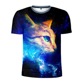 Мужская футболка 3D спортивная с принтом Звездный кот в Санкт-Петербурге, 100% полиэстер с улучшенными характеристиками | приталенный силуэт, круглая горловина, широкие плечи, сужается к линии бедра | звезды | кот | мордочка | темный