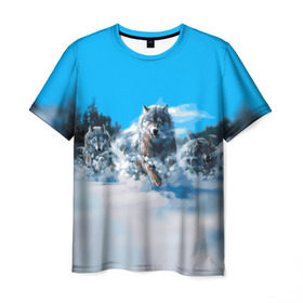 Мужская футболка 3D с принтом Волчья охота в Санкт-Петербурге, 100% полиэфир | прямой крой, круглый вырез горловины, длина до линии бедер | бирюк | волк | волчара | волчица | волчок | глаза | животное | животные | зверь | зима | злость | картина | койот | рисунок | санитар леса | серый | снег | стая | три | хищник | цветной | шакал