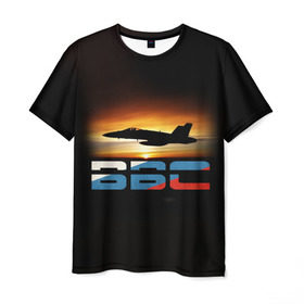 Мужская футболка 3D с принтом Истребитель ВВС на закате в Санкт-Петербурге, 100% полиэфир | прямой крой, круглый вырез горловины, длина до линии бедер | самолет