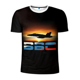 Мужская футболка 3D спортивная с принтом Истребитель ВВС на закате в Санкт-Петербурге, 100% полиэстер с улучшенными характеристиками | приталенный силуэт, круглая горловина, широкие плечи, сужается к линии бедра | самолет