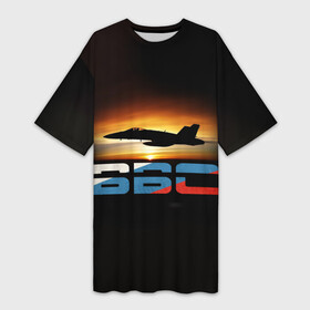 Платье-футболка 3D с принтом Истребитель Су 57 на закате в Санкт-Петербурге,  |  | Тематика изображения на принте: самолет