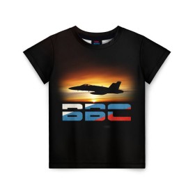 Детская футболка 3D с принтом Истребитель ВВС на закате в Санкт-Петербурге, 100% гипоаллергенный полиэфир | прямой крой, круглый вырез горловины, длина до линии бедер, чуть спущенное плечо, ткань немного тянется | самолет