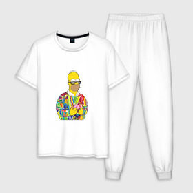 Мужская пижама хлопок с принтом Homer в Санкт-Петербурге, 100% хлопок | брюки и футболка прямого кроя, без карманов, на брюках мягкая резинка на поясе и по низу штанин
 | bart | homer | simpsons | барт | гомер | еда | мультфильм | отец | папа | пончик | радуга | симпсоны | спрингфилд | хиппи | цвет