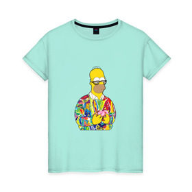 Женская футболка хлопок с принтом Homer в Санкт-Петербурге, 100% хлопок | прямой крой, круглый вырез горловины, длина до линии бедер, слегка спущенное плечо | bart | homer | simpsons | барт | гомер | еда | мультфильм | отец | папа | пончик | радуга | симпсоны | спрингфилд | хиппи | цвет