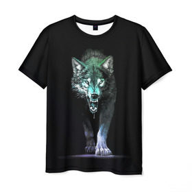Мужская футболка 3D с принтом Волчий оскал в Санкт-Петербурге, 100% полиэфир | прямой крой, круглый вырез горловины, длина до линии бедер | аука | бирюк | волк | волчара | волчица | волчок | глаза | животное | животные | зверь | зеленые | злость | картина | койот | млекопитающее | рисунок | санитар леса | серый | хищник | цветной | шакал
