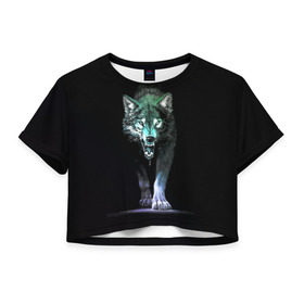 Женская футболка 3D укороченная с принтом Волчий оскал в Санкт-Петербурге, 100% полиэстер | круглая горловина, длина футболки до линии талии, рукава с отворотами | аука | бирюк | волк | волчара | волчица | волчок | глаза | животное | животные | зверь | зеленые | злость | картина | койот | млекопитающее | рисунок | санитар леса | серый | хищник | цветной | шакал