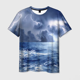 Мужская футболка 3D с принтом Шторм в Санкт-Петербурге, 100% полиэфир | прямой крой, круглый вырез горловины, длина до линии бедер | брызги | буря | вода | волны | гроза | капли | красивое | молния | море | непогода | океан | природа | синее | стихия | тучи