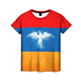 Женская футболка 3D с принтом Флаг Армении с белым орлом в Санкт-Петербурге, 100% полиэфир ( синтетическое хлопкоподобное полотно) | прямой крой, круглый вырез горловины, длина до линии бедер | айастан | армения | белый | босеан | брызги | ереван | знамя | империя | клякса | крылья | кумач | необычный | орел | пойс | птица | символ | сокол | стяг | флаг | хайастан | штандарт