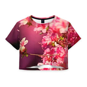 Женская футболка 3D укороченная с принтом Сакура в Санкт-Петербурге, 100% полиэстер | круглая горловина, длина футболки до линии талии, рукава с отворотами | 3d | flower | nature | pink | sakura | весна | деревья | природа | розовый | сакура | цветы | япония