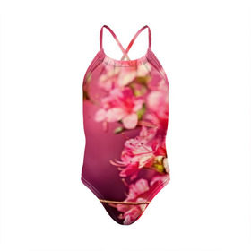 Детский купальник 3D с принтом Сакура в Санкт-Петербурге, Полиэстер 85%, Спандекс 15% | Слитный крой, подклад по переду изделия, узкие бретели | 3d | flower | nature | pink | sakura | весна | деревья | природа | розовый | сакура | цветы | япония