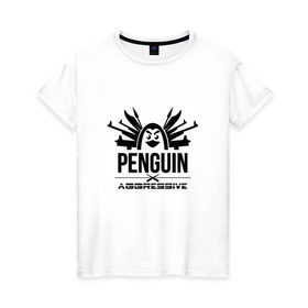 Женская футболка хлопок с принтом Агрессивный пингвин в Санкт-Петербурге, 100% хлопок | прямой крой, круглый вырез горловины, длина до линии бедер, слегка спущенное плечо | aggressive penguin | оружие | птица