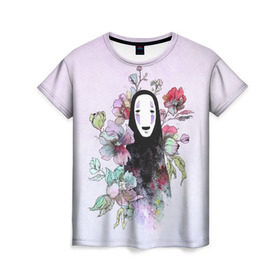 Женская футболка 3D с принтом Унесенные призраками в Санкт-Петербурге, 100% полиэфир ( синтетическое хлопкоподобное полотно) | прямой крой, круглый вырез горловины, длина до линии бедер | Тематика изображения на принте: безликий | миядзаки | унесенные призраками | хаяо | цветы