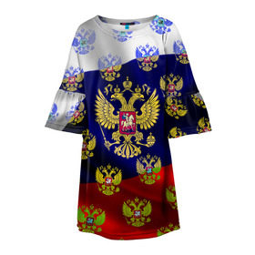 Детское платье 3D с принтом Россыпь гербов РФ в Санкт-Петербурге, 100% полиэстер | прямой силуэт, чуть расширенный к низу. Круглая горловина, на рукавах — воланы | герб | государство | желтый | зеленый | знамя | золотой | множество | патриот | развивающийся | российская федерация | россия | рф | символ | синий | стяг | триколор | флаг