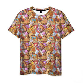 Мужская футболка 3D с принтом Фастфуд в Санкт-Петербурге, 100% полиэфир | прямой крой, круглый вырез горловины, длина до линии бедер | бурито | вкусняшка | вок | гамбургер | еда я люблю тебя | жарить | жир | курица | лапша | макдак | мороженое | нагетсы | пицца | пончики | салями | смайл | фри | хотдог | шаурма