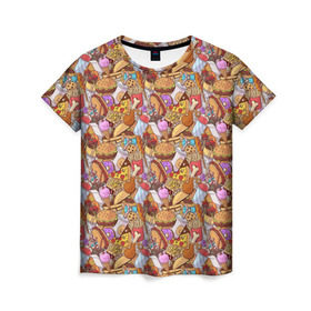 Женская футболка 3D с принтом Фастфуд в Санкт-Петербурге, 100% полиэфир ( синтетическое хлопкоподобное полотно) | прямой крой, круглый вырез горловины, длина до линии бедер | Тематика изображения на принте: бурито | вкусняшка | вок | гамбургер | еда я люблю тебя | жарить | жир | курица | лапша | макдак | мороженое | нагетсы | пицца | пончики | салями | смайл | фри | хотдог | шаурма