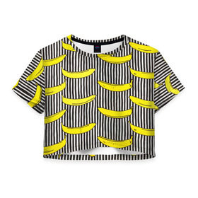 Женская футболка 3D укороченная с принтом Бананы на Полосатом Фоне в Санкт-Петербурге, 100% полиэстер | круглая горловина, длина футболки до линии талии, рукава с отворотами | банана | бананчик | вкусный | желтый | спелый | фрукт