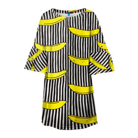 Детское платье 3D с принтом Бананы на Полосатом Фоне в Санкт-Петербурге, 100% полиэстер | прямой силуэт, чуть расширенный к низу. Круглая горловина, на рукавах — воланы | Тематика изображения на принте: банана | бананчик | вкусный | желтый | спелый | фрукт
