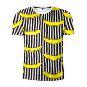 Мужская футболка 3D спортивная с принтом Бананы на Полосатом Фоне в Санкт-Петербурге, 100% полиэстер с улучшенными характеристиками | приталенный силуэт, круглая горловина, широкие плечи, сужается к линии бедра | Тематика изображения на принте: банана | бананчик | вкусный | желтый | спелый | фрукт