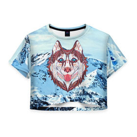 Женская футболка 3D укороченная с принтом Хаски в Санкт-Петербурге, 100% полиэстер | круглая горловина, длина футболки до линии талии, рукава с отворотами | at | bowwow | dog | hound | pooch | арт | гончая | гончая собака | горы | деревья | лес | снег | собака | хаски | холод