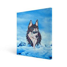 Холст квадратный с принтом Siberian Husky в Санкт-Петербурге, 100% ПВХ |  | at | bowwow | dog | hound | pooch | арт | гончая | гончая собака | горы | деревья | лес | снег | собака | хаски | холод