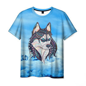 Мужская футболка 3D с принтом Siberian Husky в Санкт-Петербурге, 100% полиэфир | прямой крой, круглый вырез горловины, длина до линии бедер | at | bowwow | dog | hound | pooch | арт | гончая | гончая собака | горы | деревья | лес | снег | собака | хаски | холод