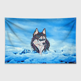 Флаг-баннер с принтом Siberian Husky в Санкт-Петербурге, 100% полиэстер | размер 67 х 109 см, плотность ткани — 95 г/м2; по краям флага есть четыре люверса для крепления | at | bowwow | dog | hound | pooch | арт | гончая | гончая собака | горы | деревья | лес | снег | собака | хаски | холод