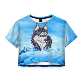 Женская футболка 3D укороченная с принтом Siberian Husky в Санкт-Петербурге, 100% полиэстер | круглая горловина, длина футболки до линии талии, рукава с отворотами | at | bowwow | dog | hound | pooch | арт | гончая | гончая собака | горы | деревья | лес | снег | собака | хаски | холод