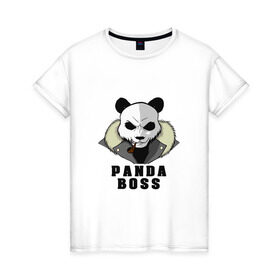 Женская футболка хлопок с принтом Panda Boss в Санкт-Петербурге, 100% хлопок | прямой крой, круглый вырез горловины, длина до линии бедер, слегка спущенное плечо | банда | большой | босс | важный | главарь | главный | директор | крутой | круче всех | лидер | мех | панда | россия | русский | самый | супер | трубка | шуба