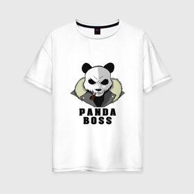 Женская футболка хлопок Oversize с принтом Panda Boss в Санкт-Петербурге, 100% хлопок | свободный крой, круглый ворот, спущенный рукав, длина до линии бедер
 | Тематика изображения на принте: банда | большой | босс | важный | главарь | главный | директор | крутой | круче всех | лидер | мех | панда | россия | русский | самый | супер | трубка | шуба