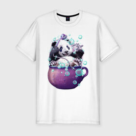 Мужская футболка премиум с принтом Панда в Санкт-Петербурге, 92% хлопок, 8% лайкра | приталенный силуэт, круглый вырез ворота, длина до линии бедра, короткий рукав | арт | ванная | пена | пузыри | рисунок