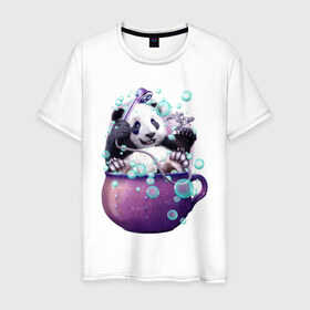 Мужская футболка хлопок с принтом Панда в Санкт-Петербурге, 100% хлопок | прямой крой, круглый вырез горловины, длина до линии бедер, слегка спущенное плечо. | арт | ванная | пена | пузыри | рисунок