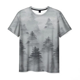 Мужская футболка 3D с принтом Туманный лес в Санкт-Петербурге, 100% полиэфир | прямой крой, круглый вырез горловины, длина до линии бедер | бор | вечер | деревья | елка | еловый | ель | загадочный | земля | зима | лес | мрачный | необычный | природа | серый | сибирь | снег | тайга | туман | хвойный